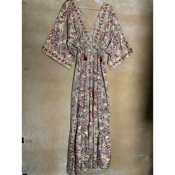 Boho Paisley Print Maxi Dress Kimono Sleeve Tassel V Neck Beach Cover Up - Picture 2 of 12